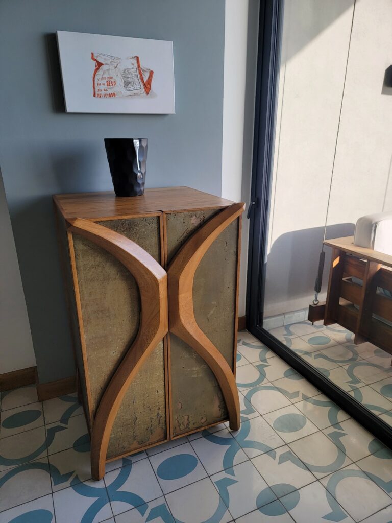 a wooden table in a room