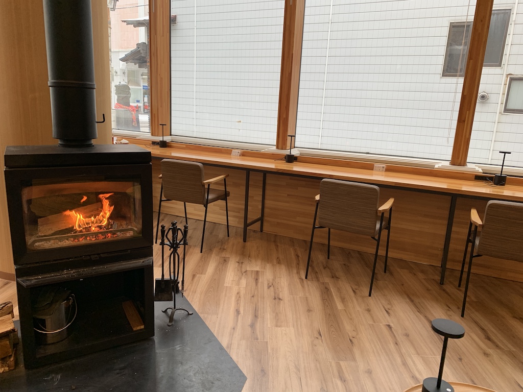a wood stove in a room