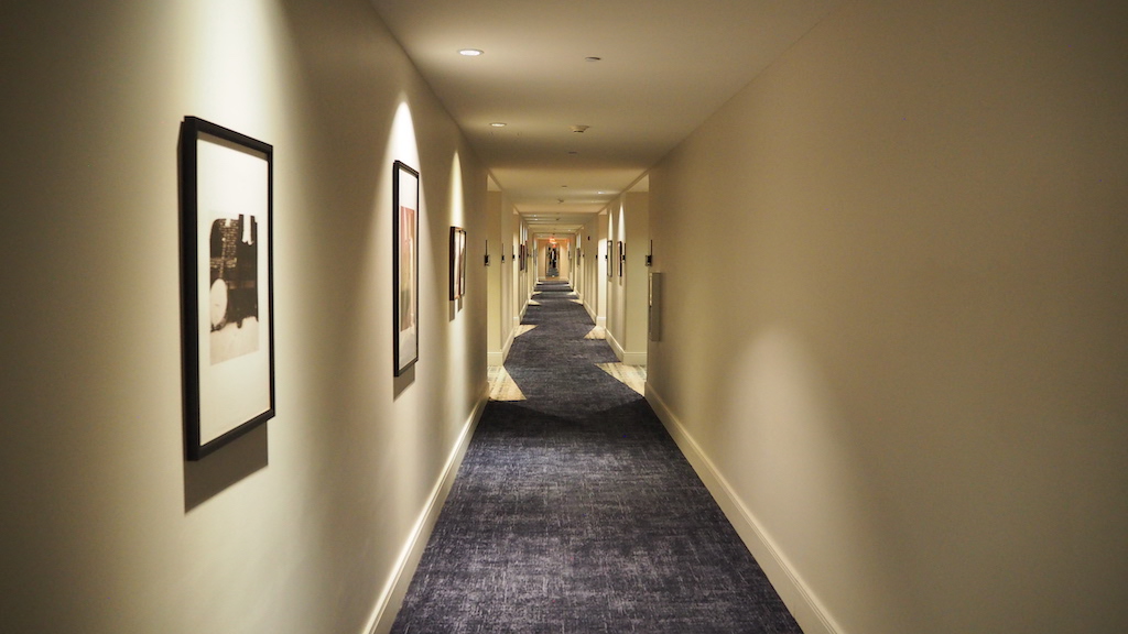 a hallway with a blue carpet