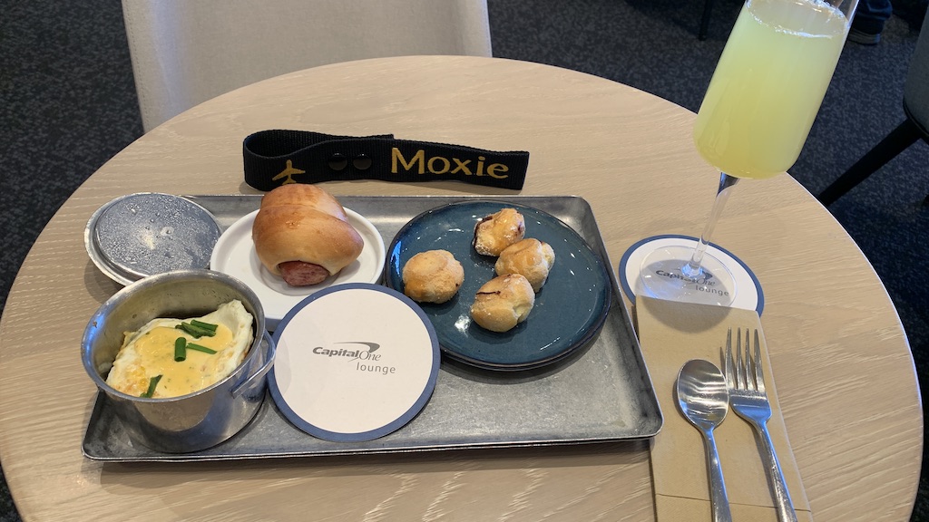 a tray with food and drinks on it