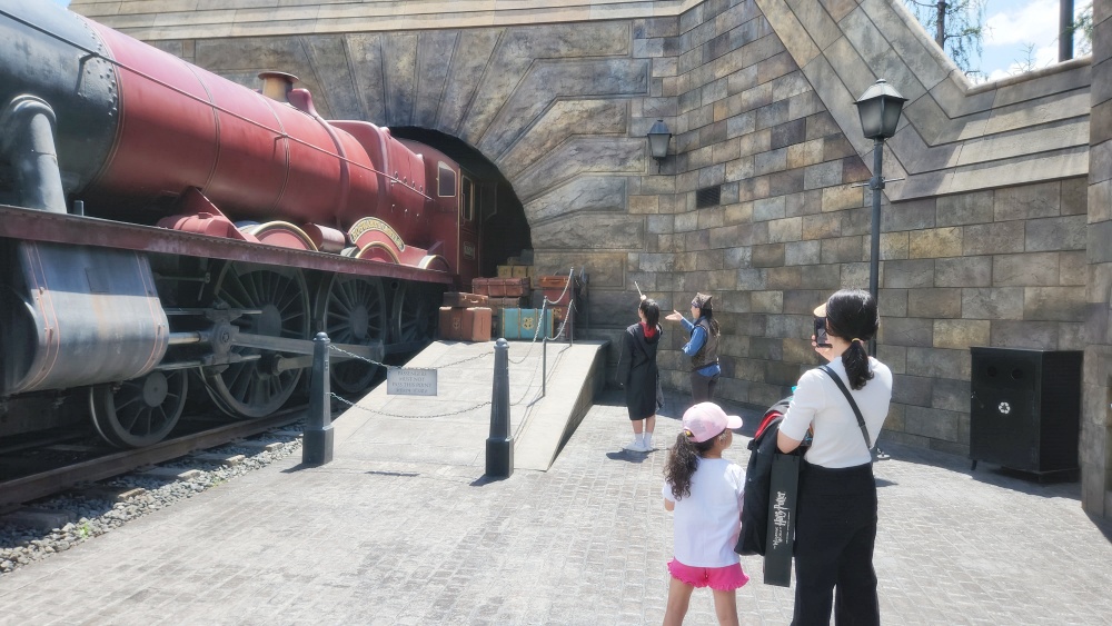 a person and a couple of children looking at a train