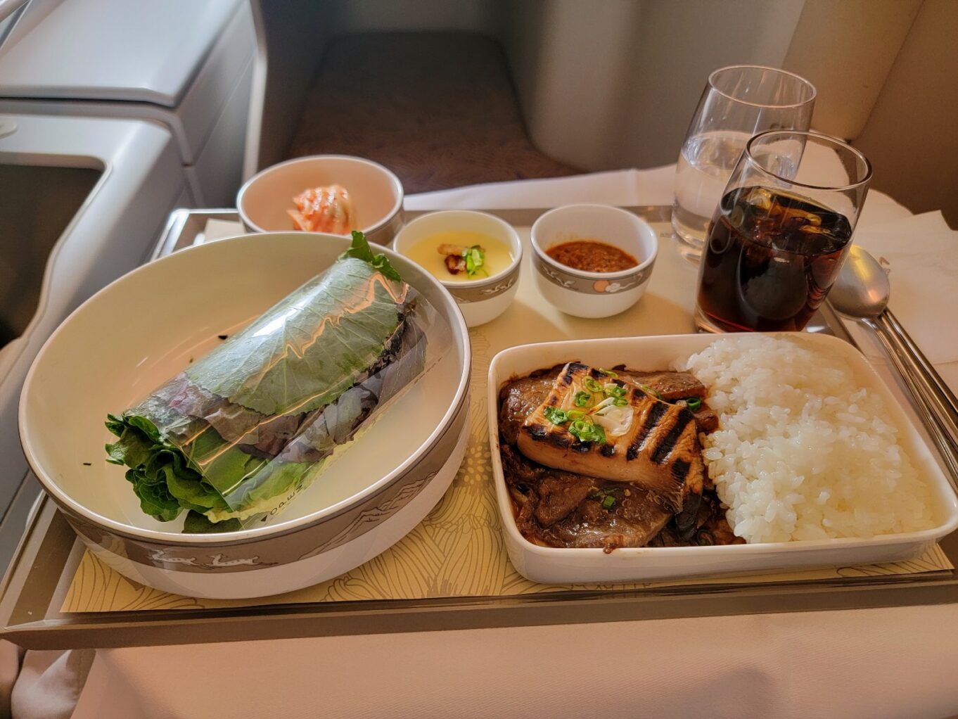 a tray with food and drinks on it