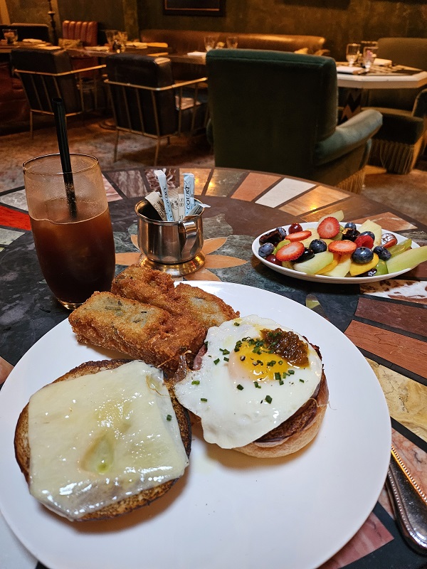 a plate of food and a drink