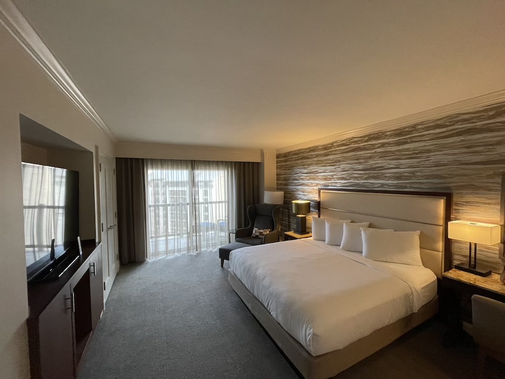 a hotel room with two beds