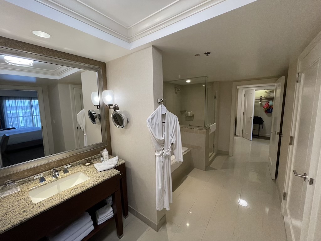 a bathroom with a large mirror