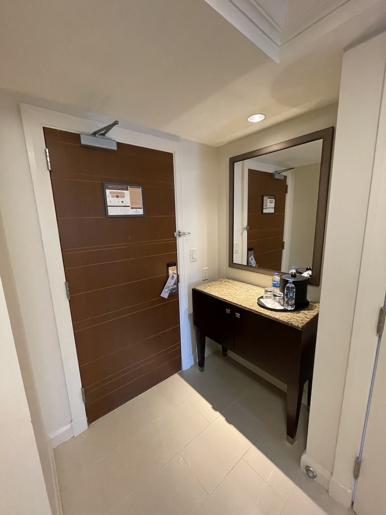 a bathroom with a large mirror