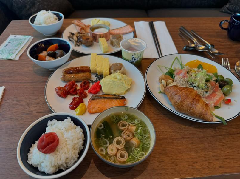 a table is filled with food