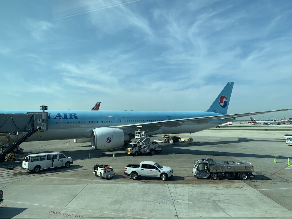 a large airplane is parked at an airport