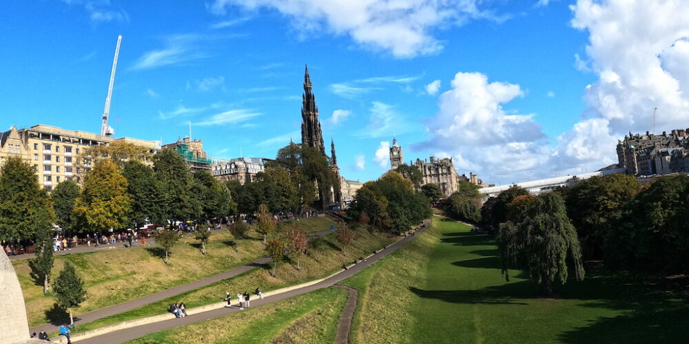 a park with a castle in the background