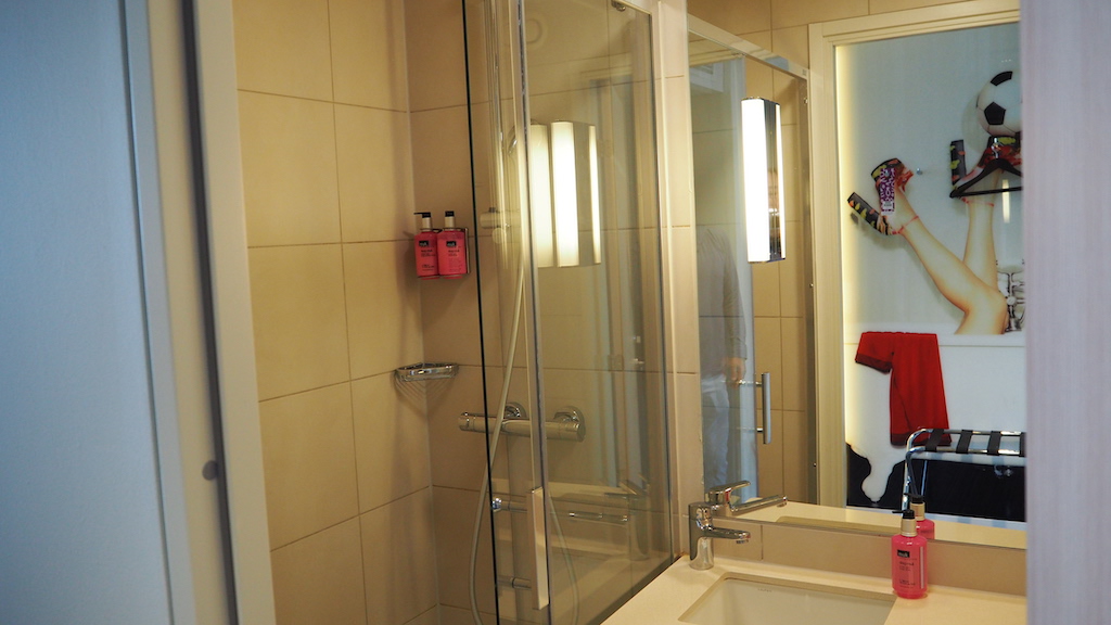 a bathroom with a glass shower