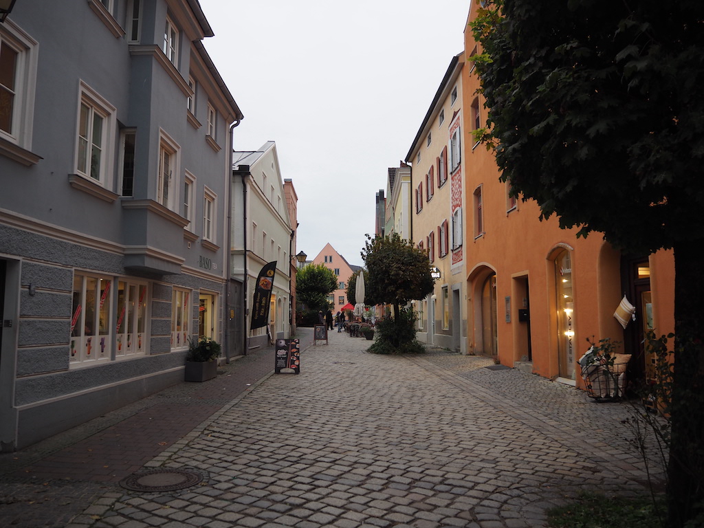 a cobblestone street between buildings