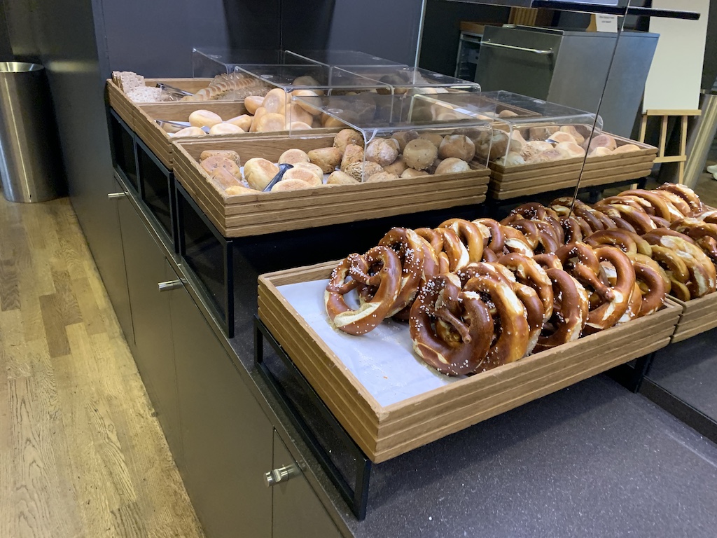 a bakery display with donuts