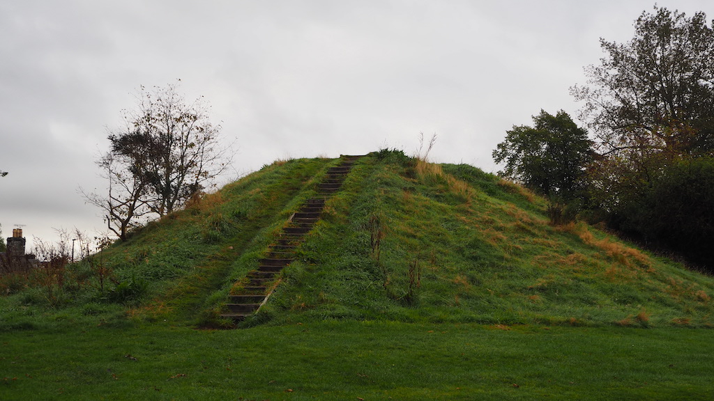 a grassy hill with trees and a staircase