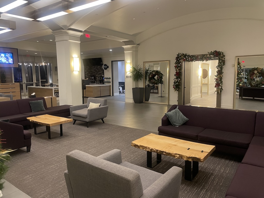 a large room with couches and a coffee table