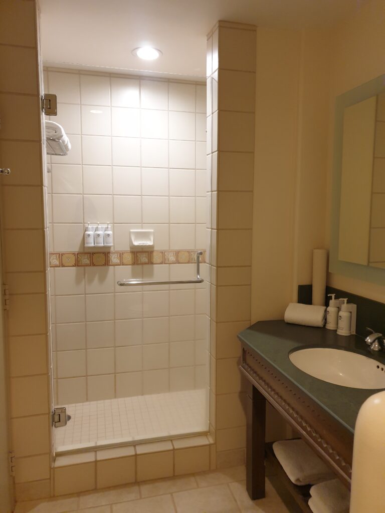 a bathroom with a glass shower