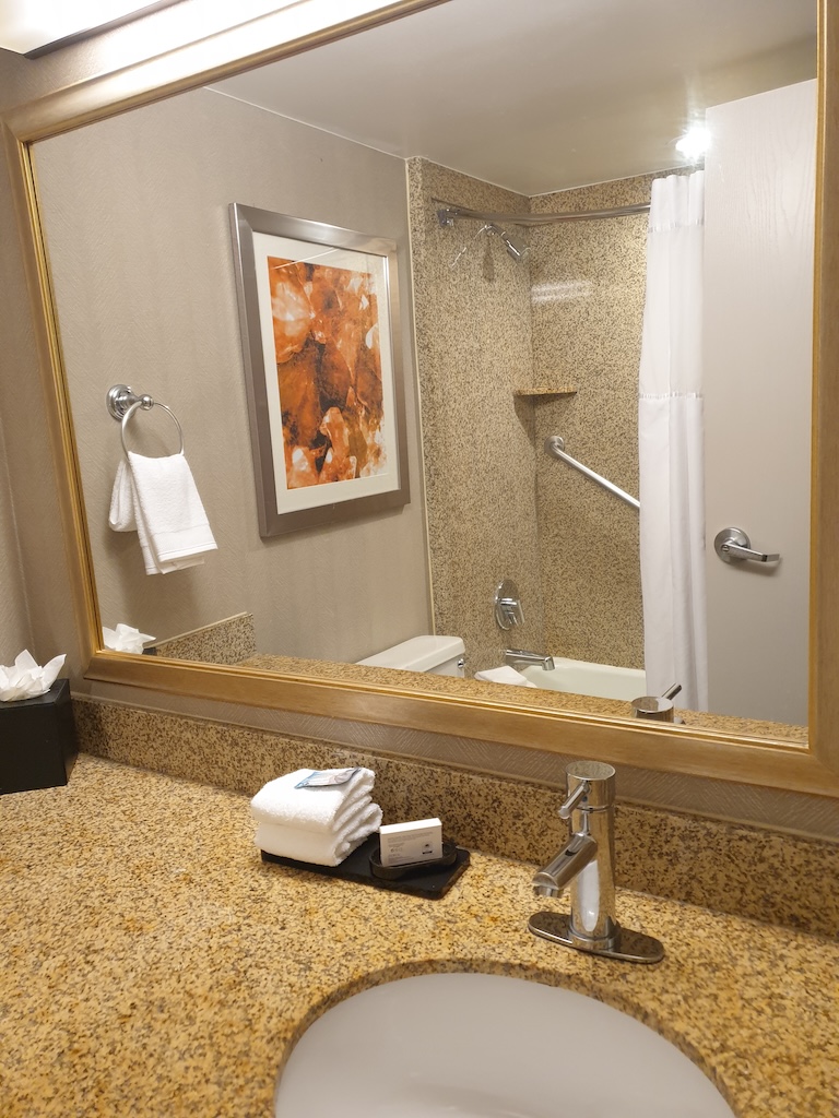 a bathroom with a large mirror