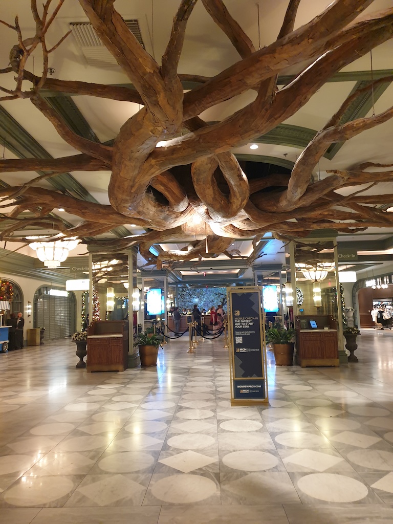 a large wooden sculpture in a mall