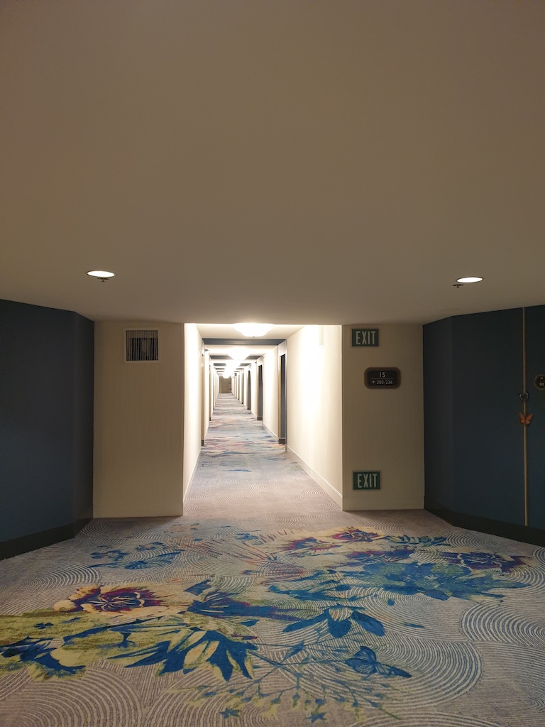 a hallway with blue carpet