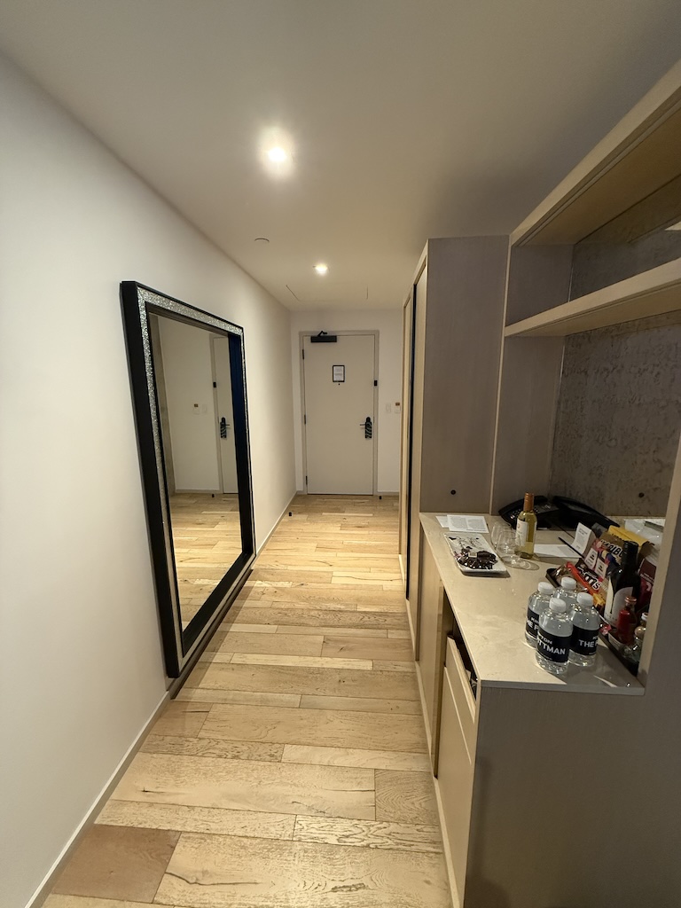 a kitchen with a wood floor