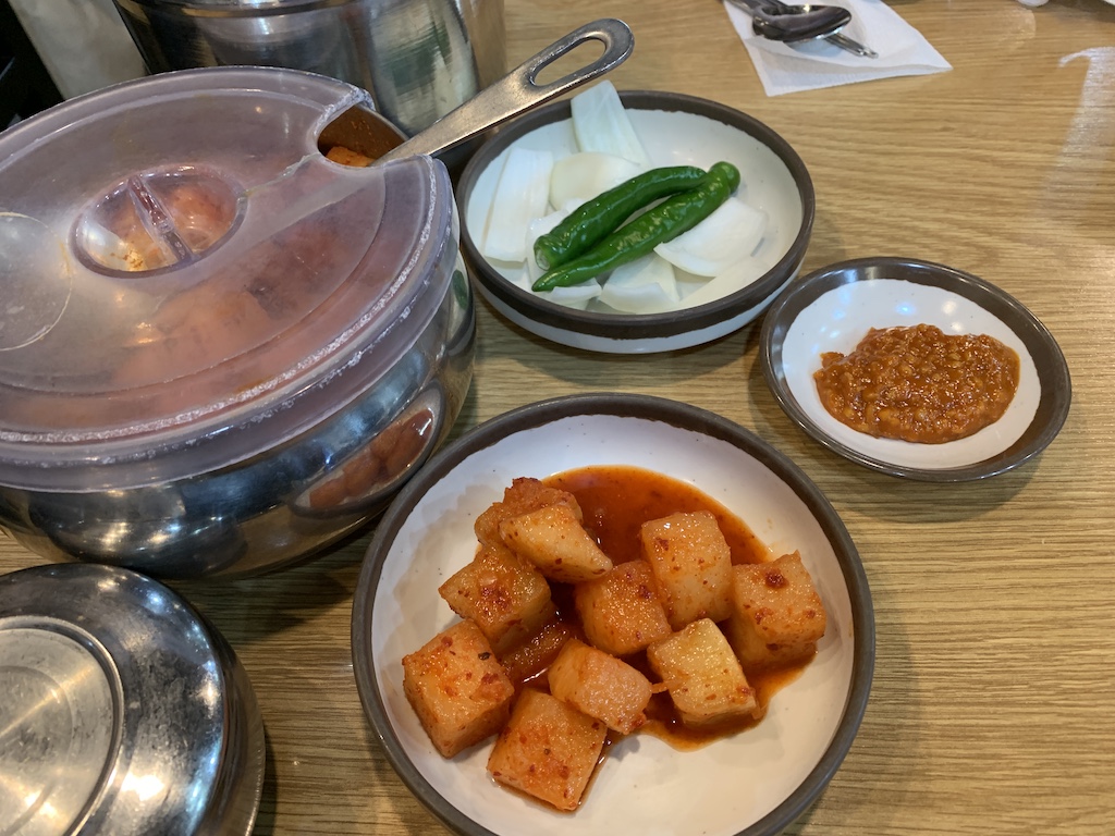 a table is filled with food