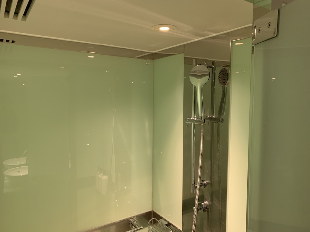 a shower with a glass door