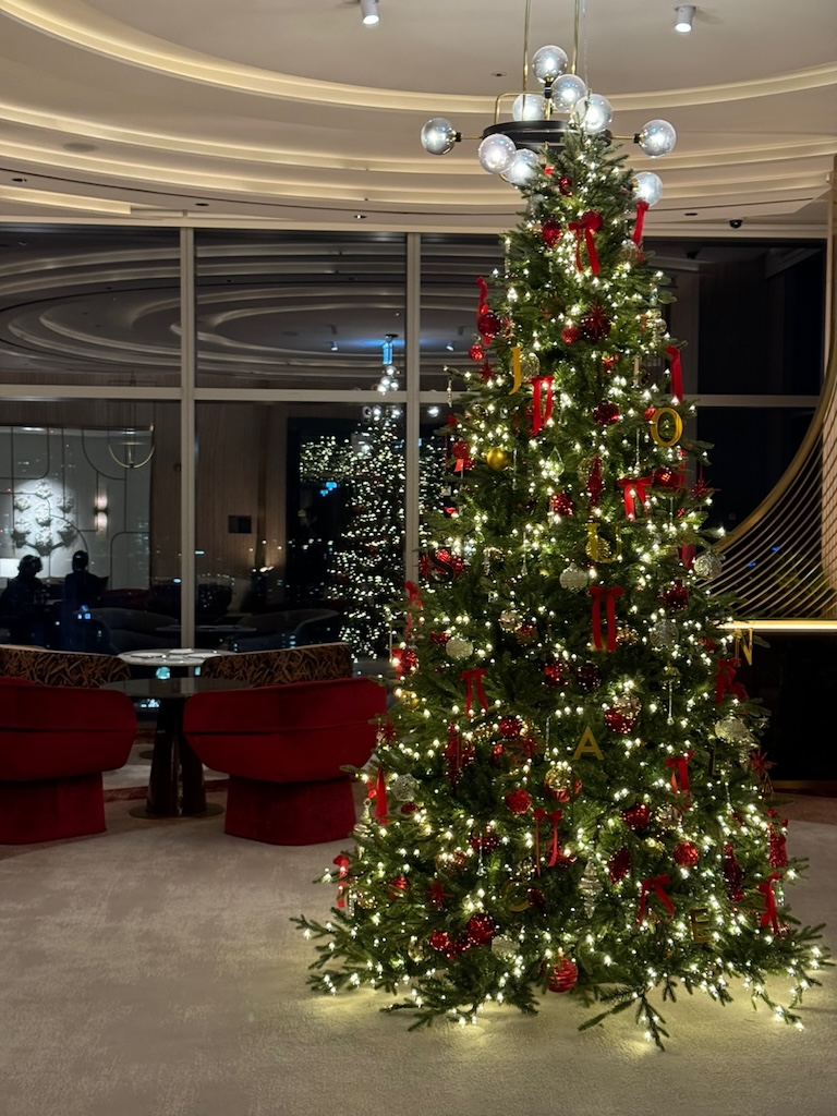 a christmas tree in a building