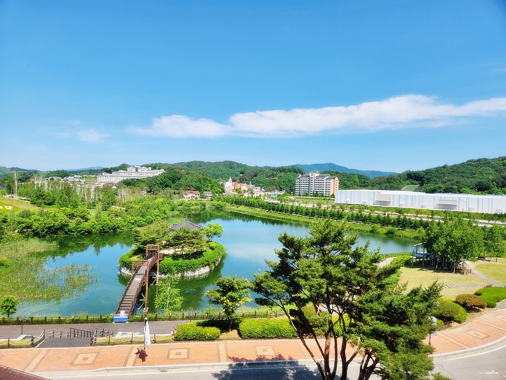 a body of water with buildings and trees around it