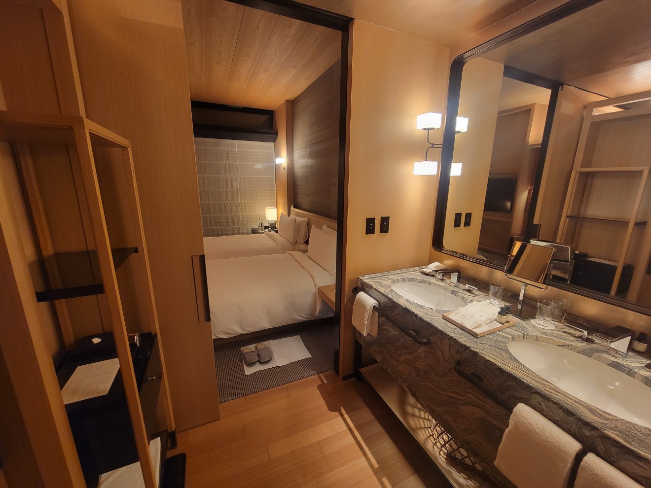 a bathroom with a large mirror