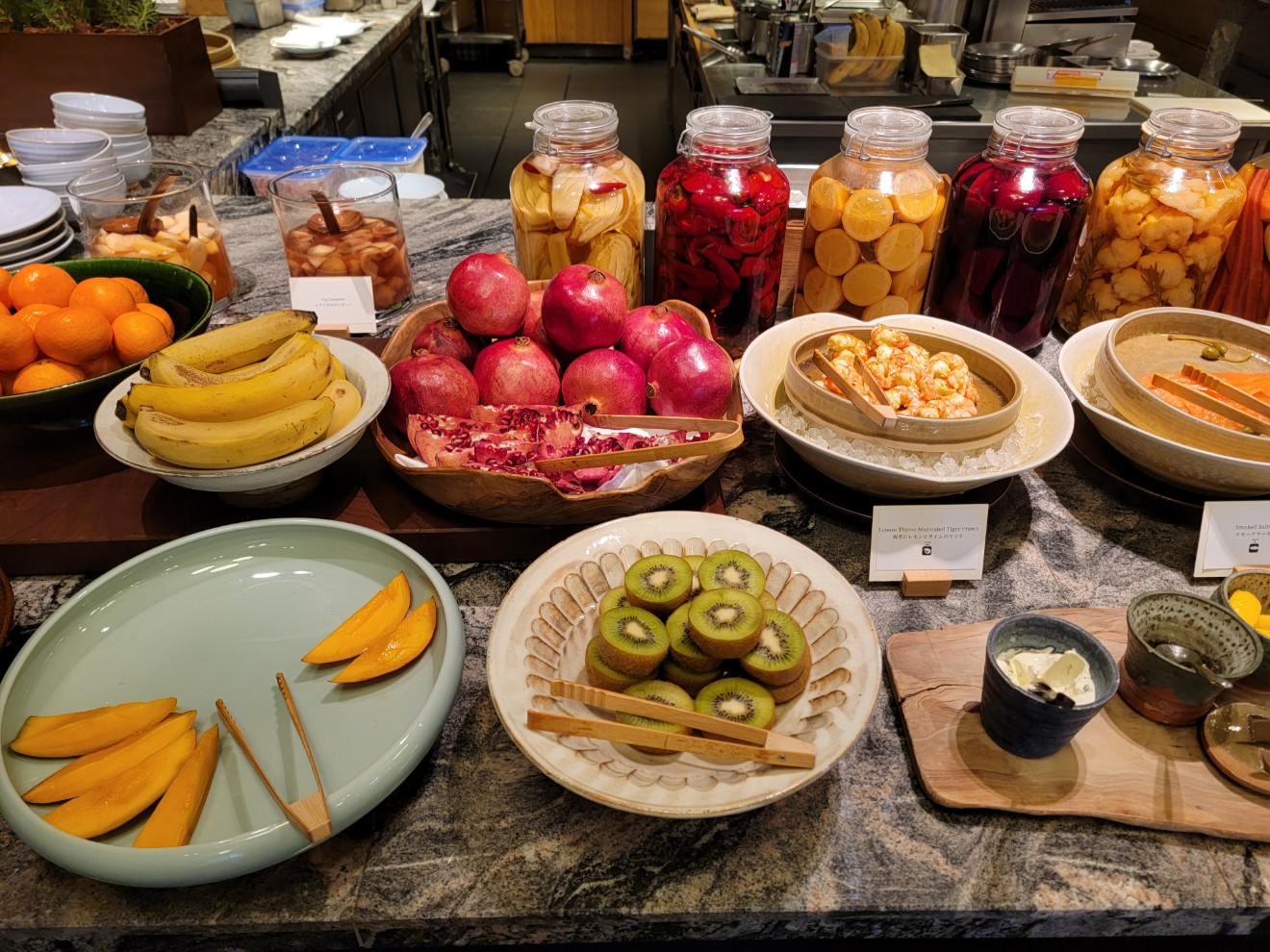 a table is filled with food