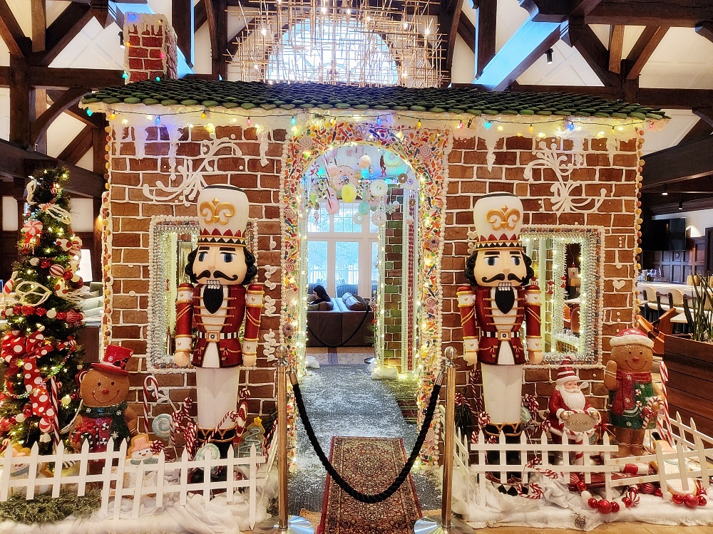 a decorated house with a christmas tree