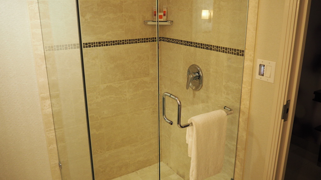 a shower with a glass door