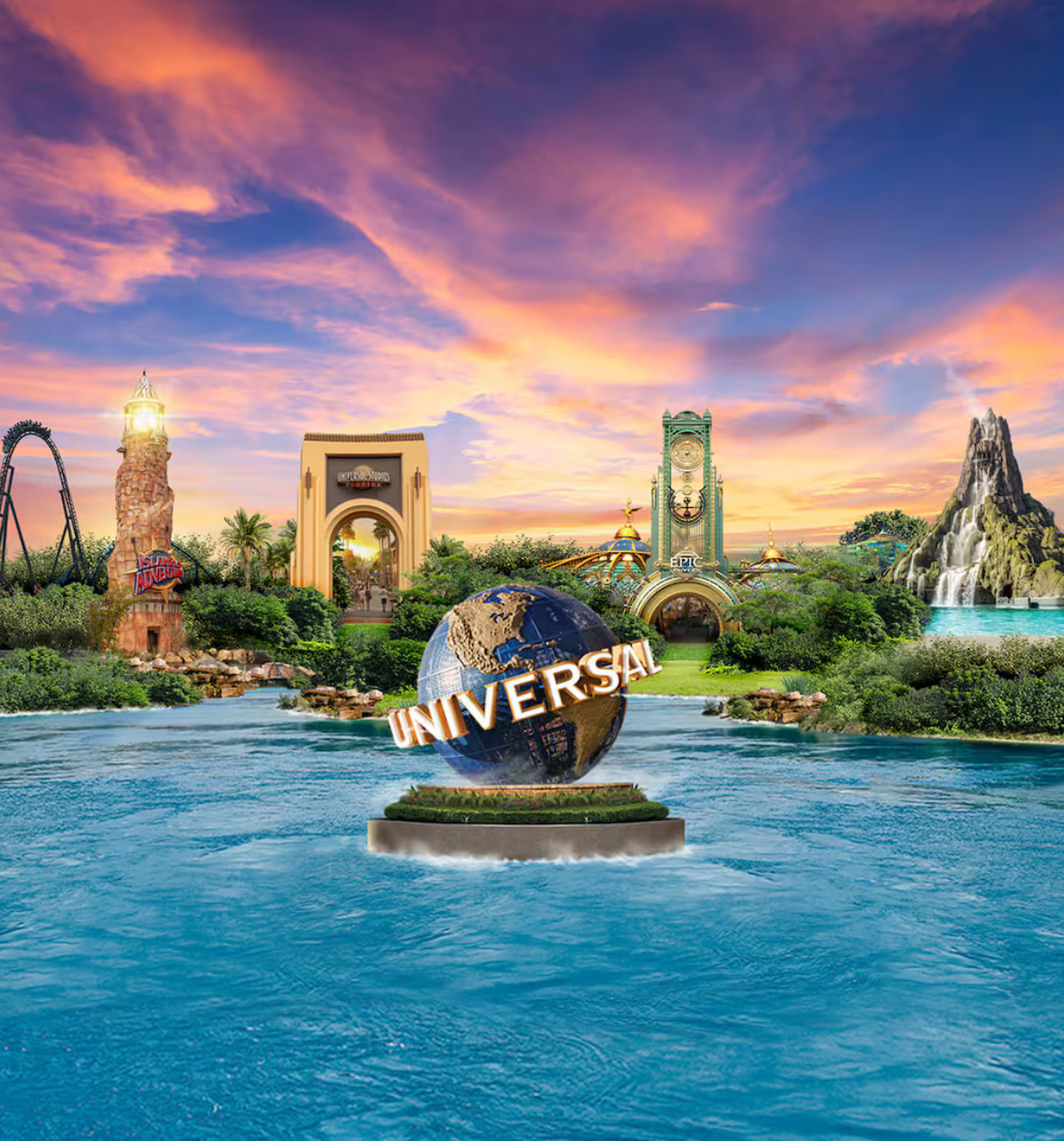 a water fountain in a body of water with a tower in the background