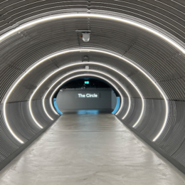 a tunnel with a sign