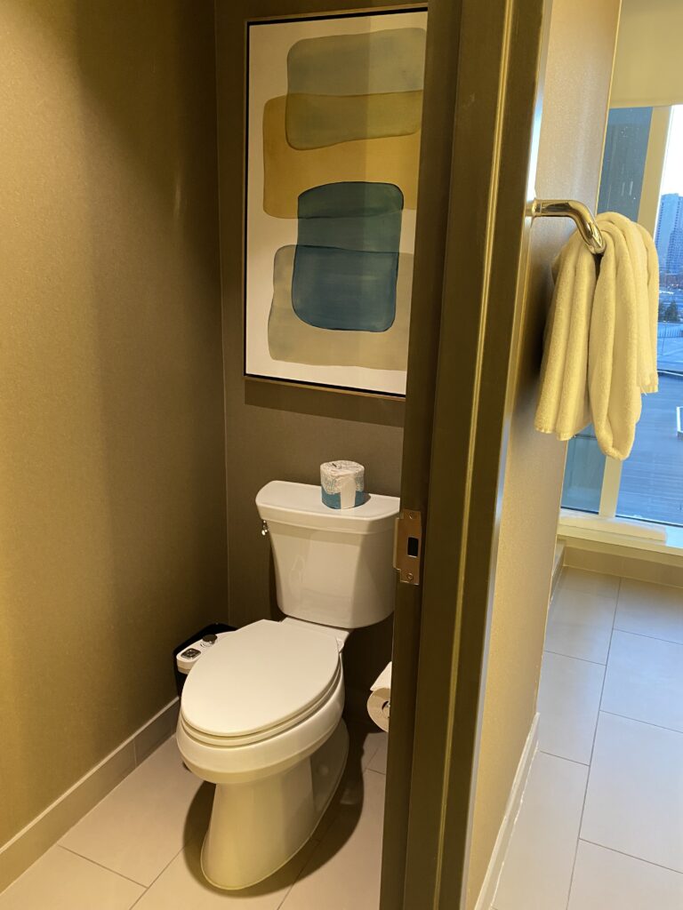 a bathroom with a toilet and towels