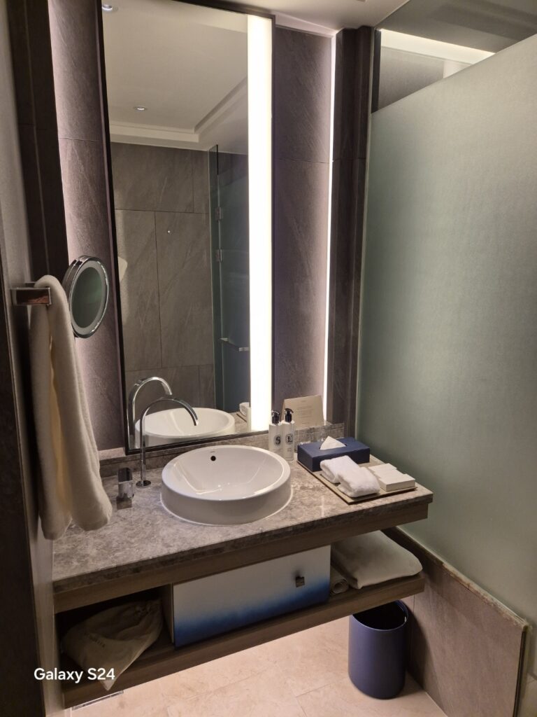 a bathroom with a large mirror