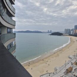 a beach with a body of water and buildings in the background