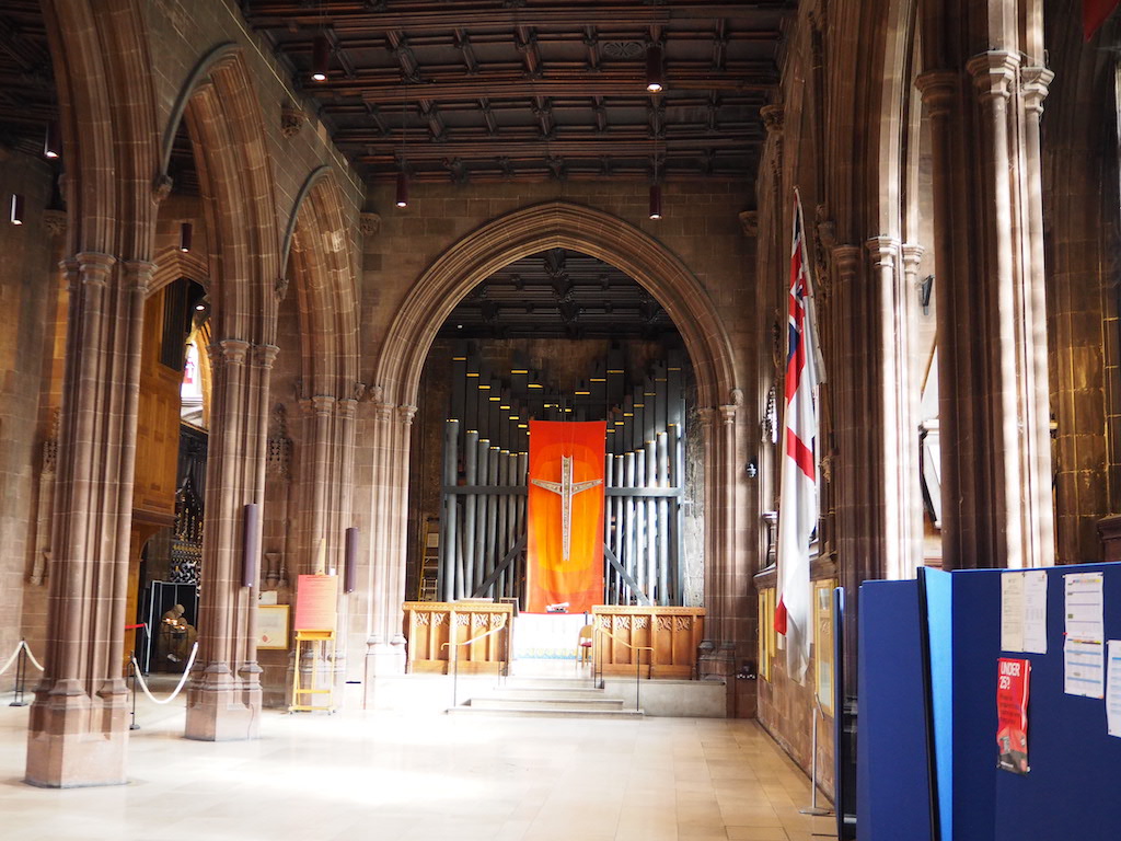 a large room with flags