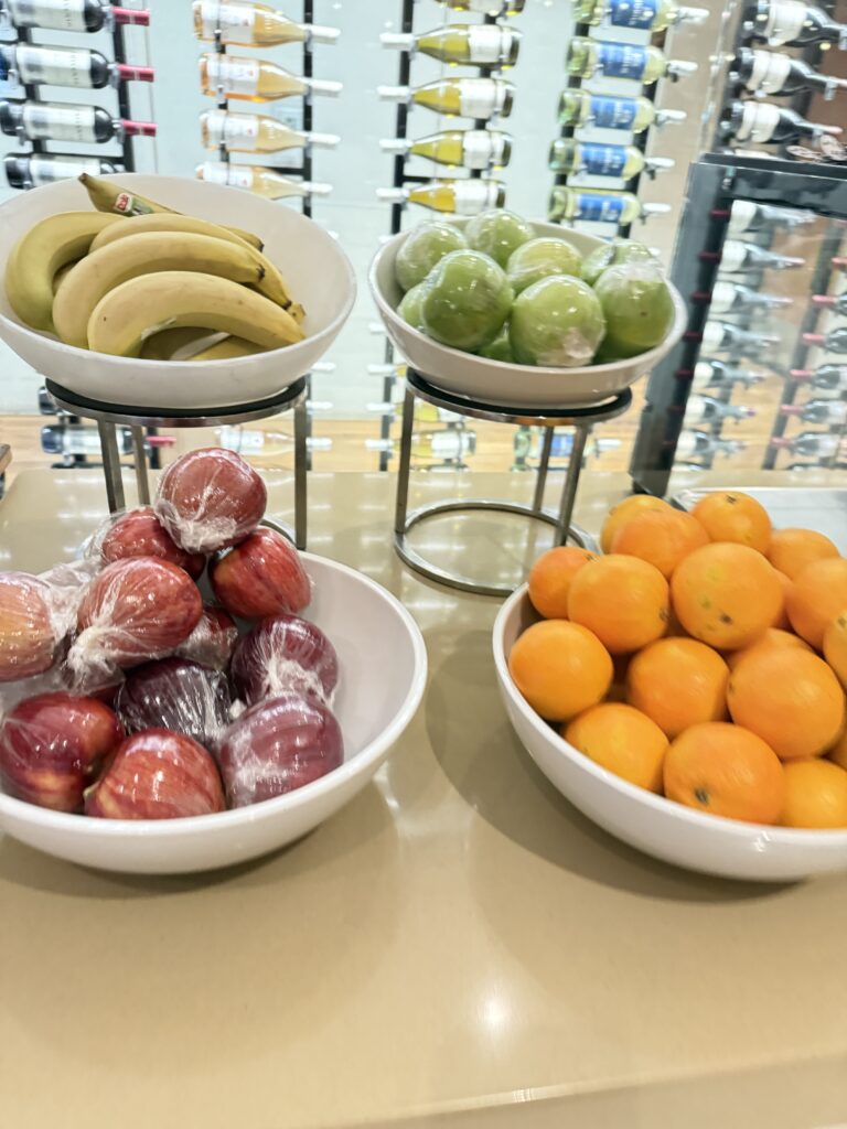 a table is filled with fruits