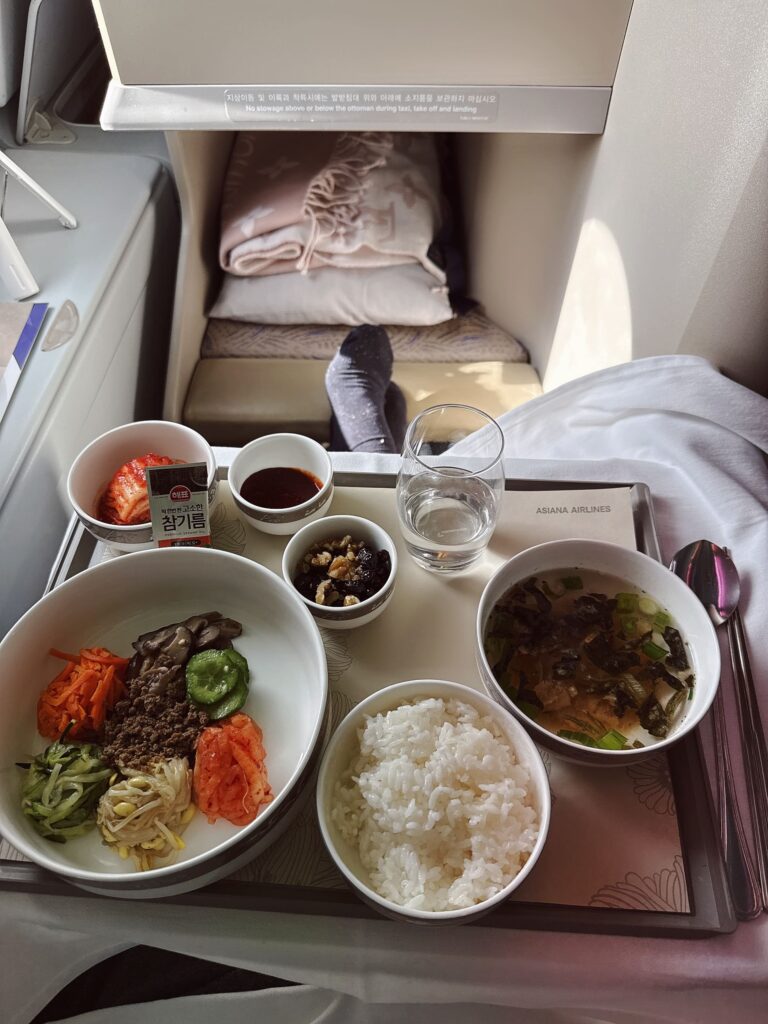 a tray with food and drinks on it