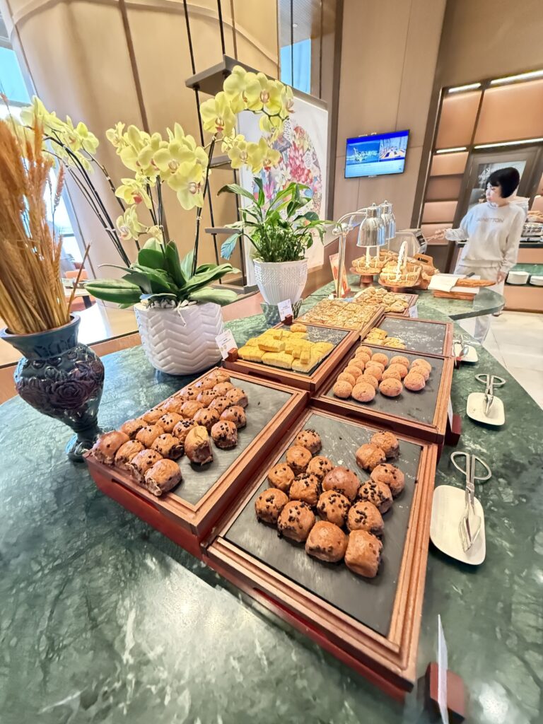 a table is filled with food