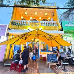 a yellow canopy with lights