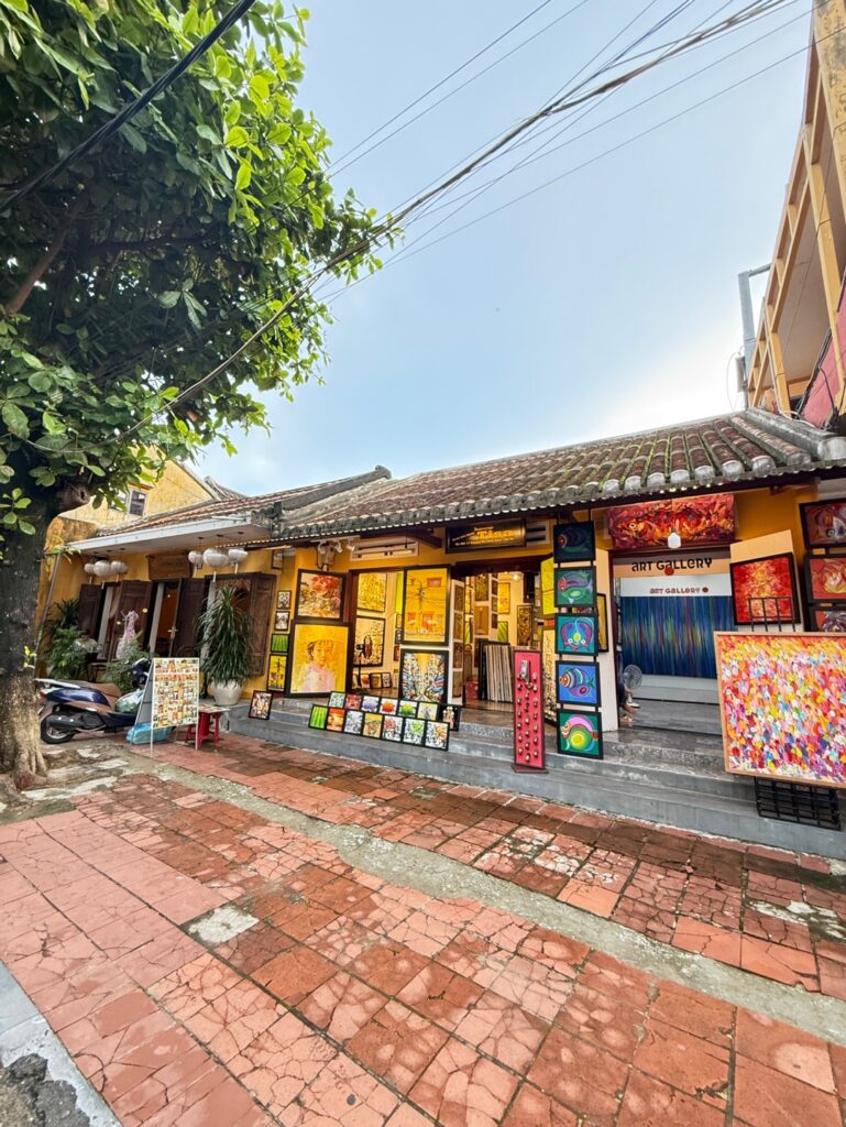 a building with colorful signs