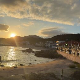 a beach with buildings and water