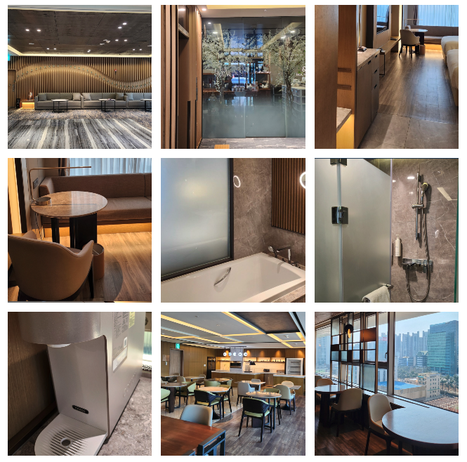 a collage of a room with a table and chairs