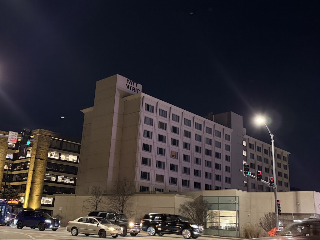 a large building with many windows at night