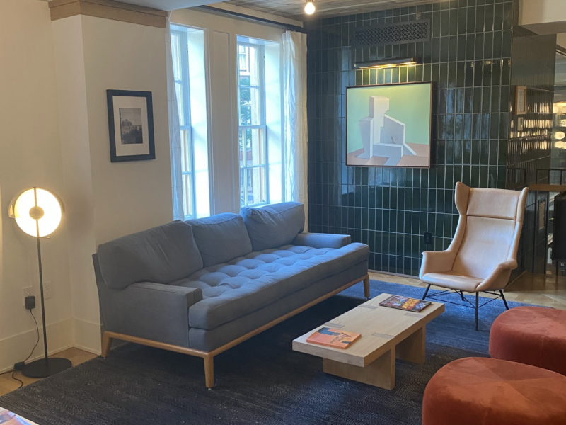a living room with a couch and a coffee table
